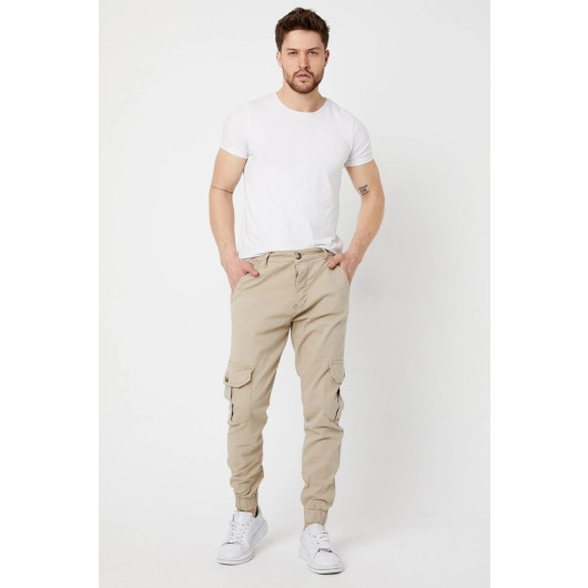 Mens Cotton Trousers With Camel And Light Beige Elastic, M