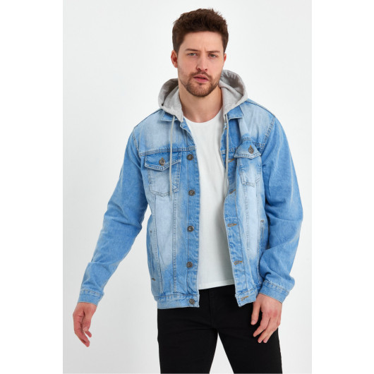 Mens Oversize Denim Jacket With Hood, Two Piece Size L