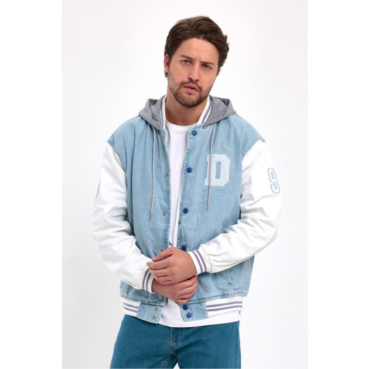 Mens Oversize Jeans Baseball Jacket With Hood S