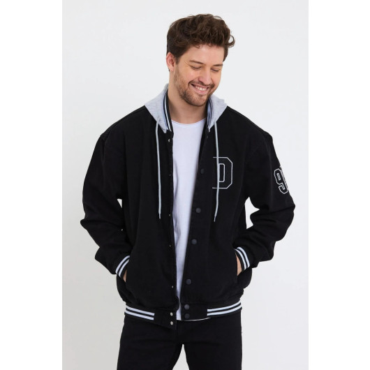 Mens Oversize Jeans Baseball Jacket With Hood S