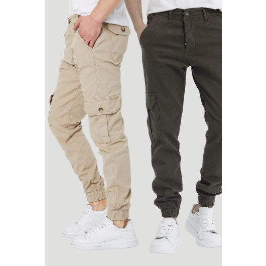 Mens Olive And Light Beige Cargo Pants With Elastic Xl