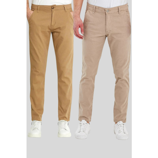 Mens Pants, Camel And Light Beige Cotton, Two Piece, 30