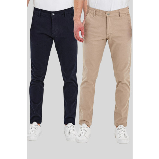 Mens Navy And Light Beige Cotton Pants, Two Pieces, 32