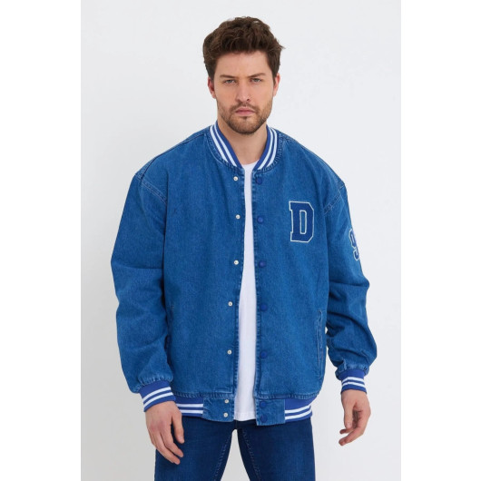 Mens Oversize Blue Denim Baseball Jacket, Size Xl