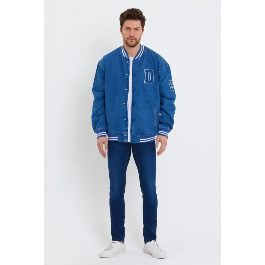 Mens Oversize Blue Denim Baseball Jacket, Size S