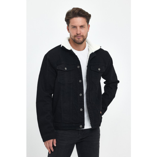Mens Stylish Furry Winter Jacket Black Size 2Xl