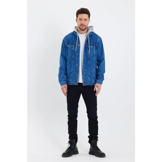 Turkish Mens Jeans Jacket With Hood Blue M
