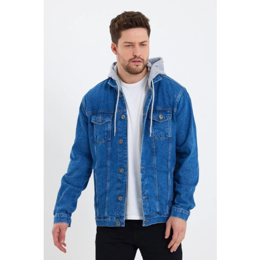 Turkish Mens Jeans Jacket With Hood Blue 2Xl