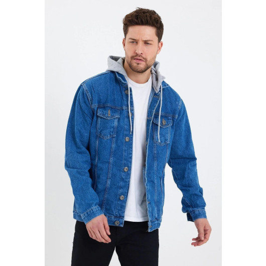 Turkish Mens Jeans Jacket With Hood Blue M
