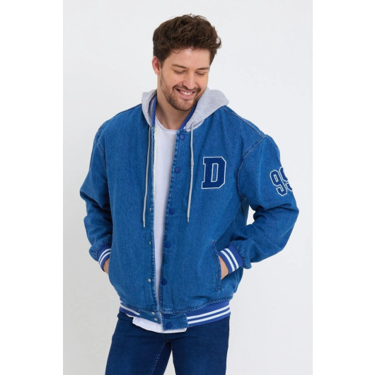 Mens Blue Denim Baseball Jacket With Hood, S
