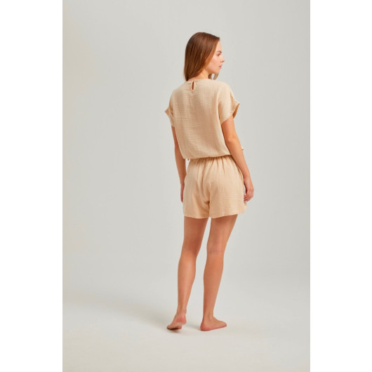 Beige Side Drawstring Shorts Muslin Set