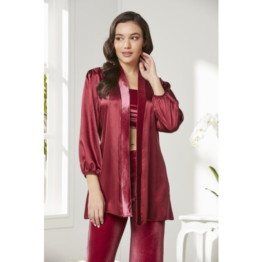 Velvet Satin 3 Piece Women Crop Pajama Set