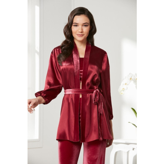 Velvet Satin 3 Piece Women Crop Pajama Set