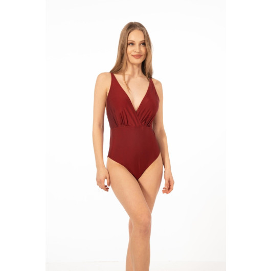 Women Draped Thin Strap Swimsuit Claret Red