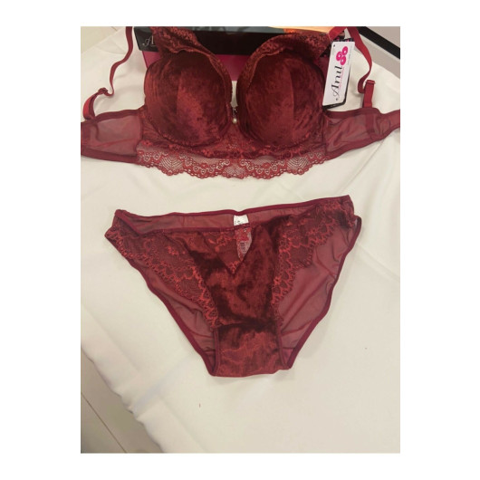 Women Velvet Bra Slip Set Claret Red