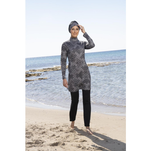Women Digital Patterned Hijab Swimsuit With Fully Covered Trousers