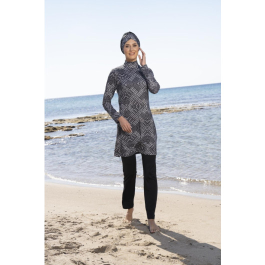 Women Digital Patterned Hijab Swimsuit With Fully Covered Trousers