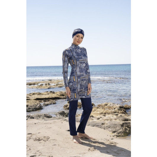 Women Patterned Hijab Swimsuit With Fully Covered Trousers