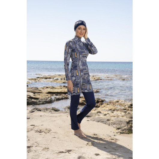 Women Patterned Hijab Swimsuit With Fully Covered Trousers