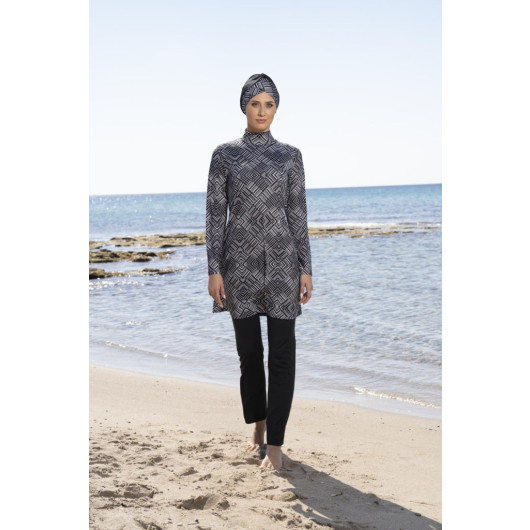 Women Digital Patterned Hijab Swimsuit With Fully Covered Trousers