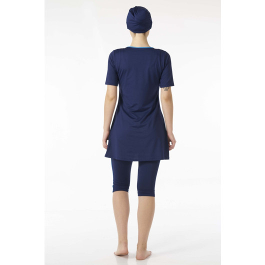 Women Half Sleeve Tights Swimsuit Navy Blue