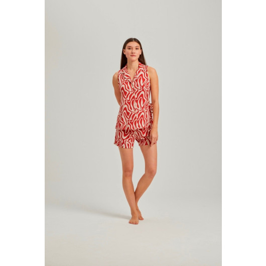Red Wave Pattern Short Sleeve Buttoned Shorts Set