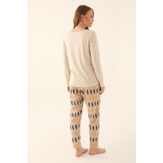 Beige Women Long Sleeve Pajama Set