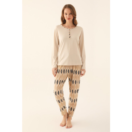 Beige Women Long Sleeve Pajama Set