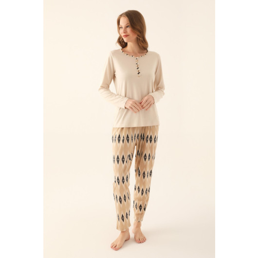 Beige Women Long Sleeve Pajama Set