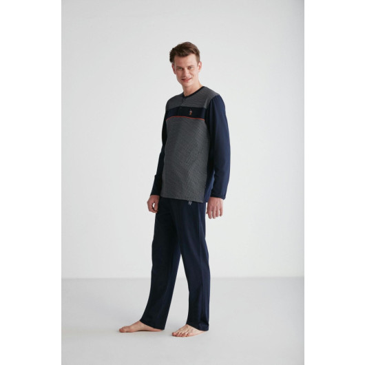 Men Navy Blue Patchwork Pajama Set