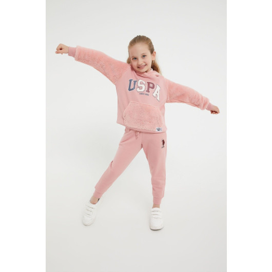 Retro Pink Girls Fleece Tracksuit Set