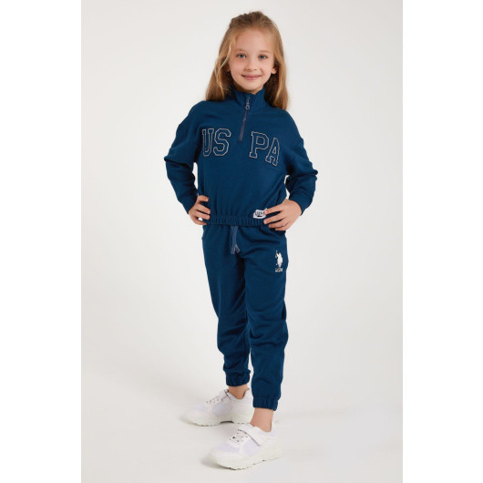 Blue Girl Collar Zipper Tracksuit