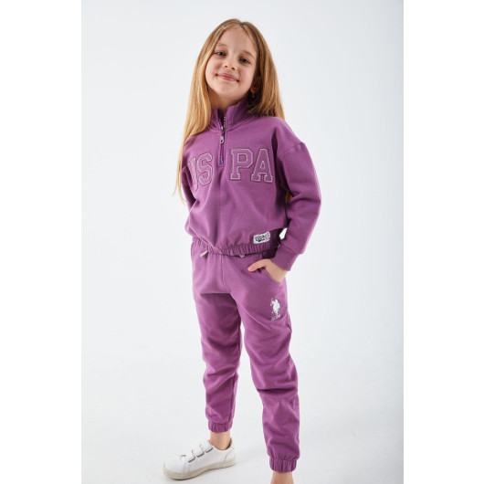 Blue Girl Collar Zipper Tracksuit