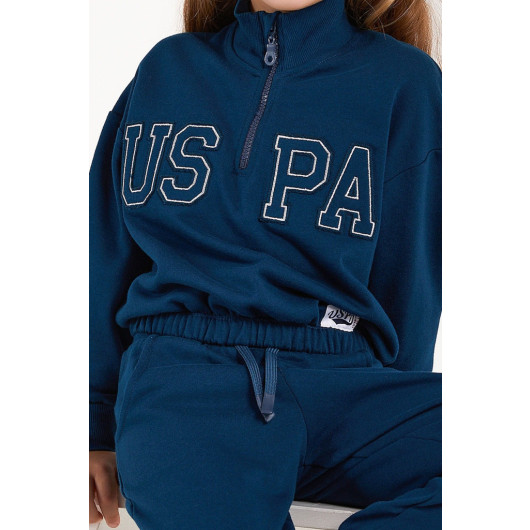 Blue Girl Collar Zipper Tracksuit