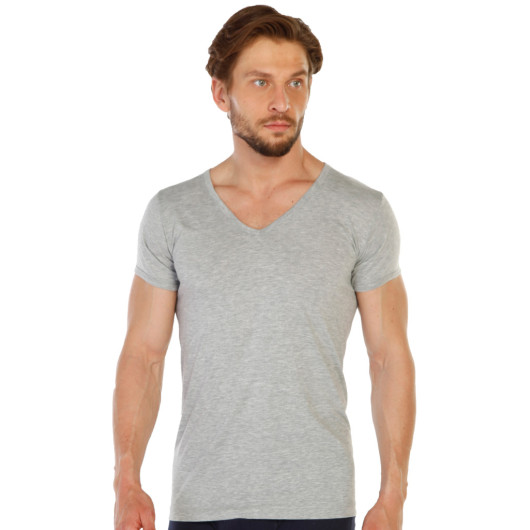 12 Pack Cotton Gray Melange Mens Jersey Vneck Undershirt