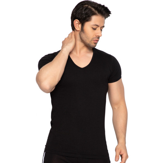 Tolin 3 Pack Cotton Black Mens Jersey Vneck Undershirt