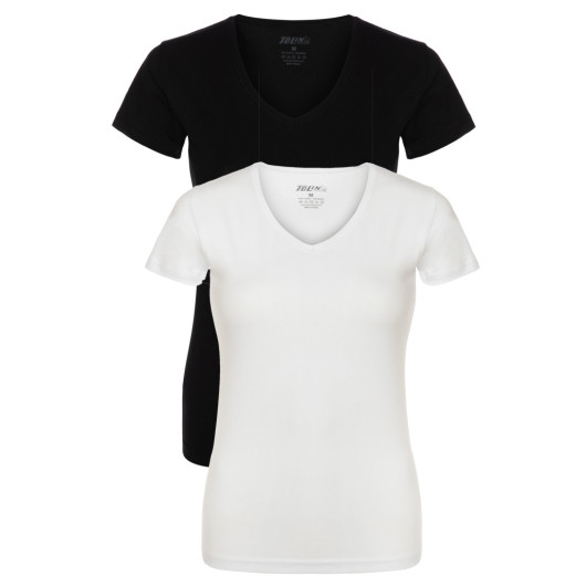 Womens Black And White 2 Piece Short Sleeve Single Jersey Lycra Vneck Undershirt
