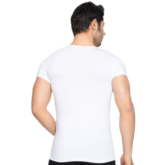 Short Sleeve Vneck Mens White Cotton Lycra Undershirt
