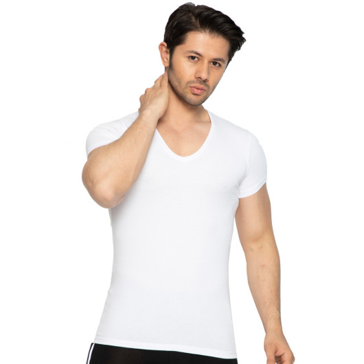 Short Sleeve Vneck Mens White Cotton Lycra Undershirt