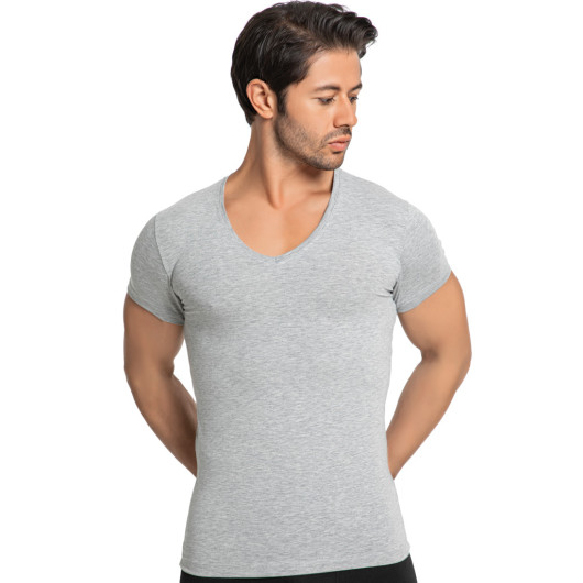 Short Sleeve Vneck Mens Grey Cotton Lycra Undershirt