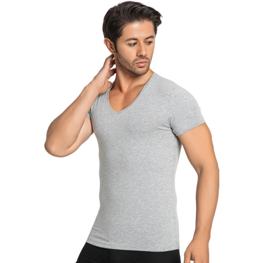 Short Sleeve Vneck Mens Grey Cotton Lycra Undershirt