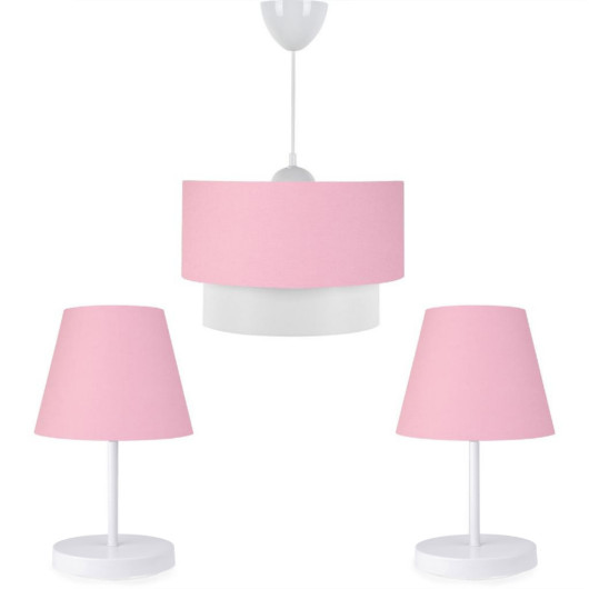 Triple Chandelier And Lamp Set With A White Body And Pink Fabric