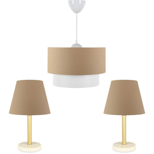 Triple Chandelier And Lamp Set With A Bronze Body And Brown Fabric