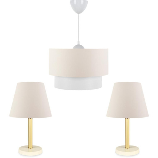 Triple Chandelier And Lamp Set With A Bronze Body And Cream Fabric