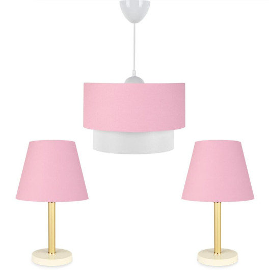 Triple Chandelier And Lamp Set With A Bronze Body And Pink Fabric