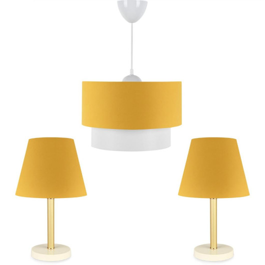 Triple Chandelier And Lamp Set With A Bronze Body And Yellow Fabric