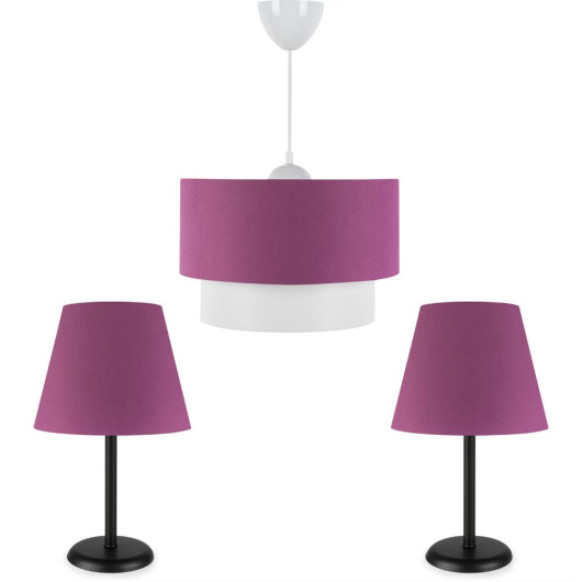Triple Chandelier And Lamp Set With A Black Body And Purple Fabric