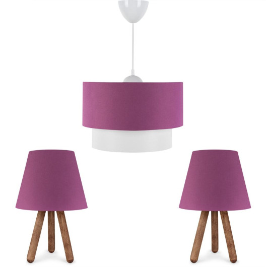 Chandelier And Lamp Set With A Purple Fabric Head And Wooden Legs
