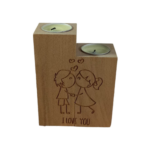 Decorative Wooden Double Candle Holder With Love Motif And Two Gift Candles