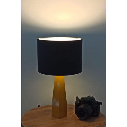 Black Fabric Lamp With Yellow Wooden Leg